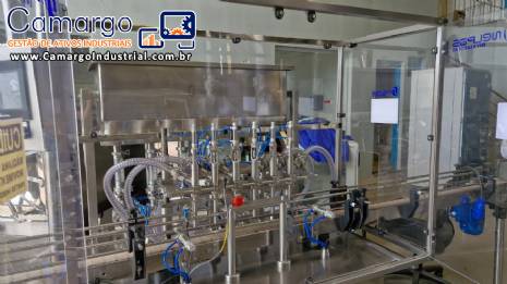Linha de envase para cosmeticos com alimentador de fracos envasadora Nelpas pist�o rosqueadeira tecnoenvase rotuladora Tudela