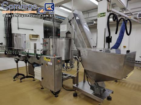 Linha completa de envase com envasadora rotuladora tampadora posicionador elevador de tampas e frascos Nelpas Fujinox Linha completa de envase com envasadora rotuladora tampadora posicionador elevador de tampas e frascos Nelpas Fujinox